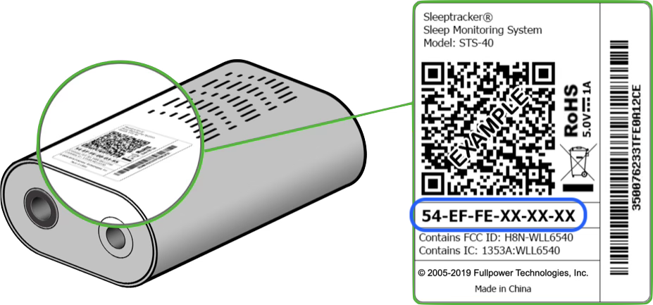 A top-down view of a black Sleeptracker-AI processor, oriented with its USB cable pointing up, with the circular vents facing towards the viewer. To the left is a small black circular port, labeled 
