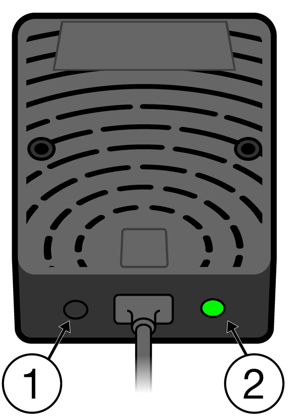 A top-down view of a black Sleeptracker-AI processor, oriented with its USB cable pointing down, with the circular vents facing towards the viewer. To the left of the USB cable is a small button which is labeled 