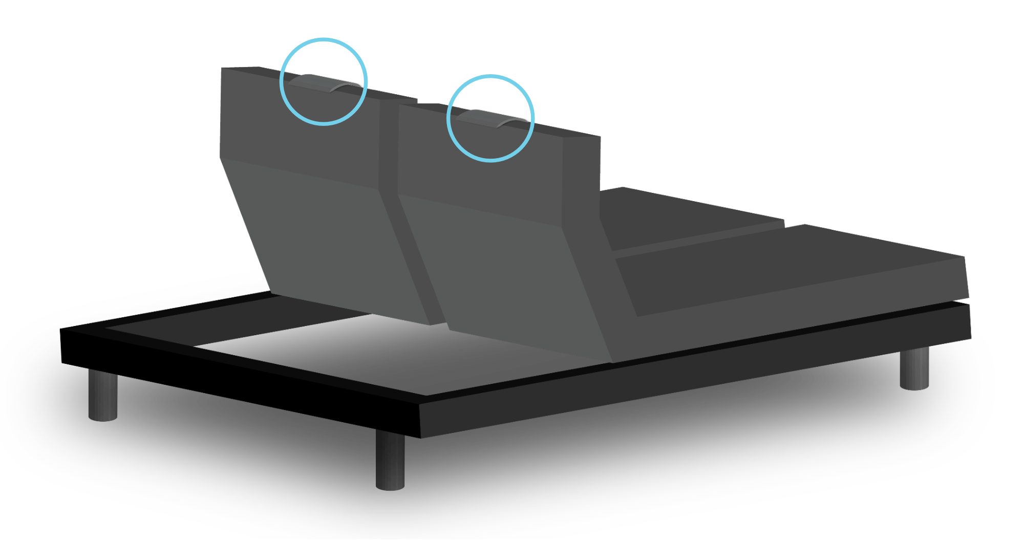 Imagen de una base ajustable con la cabeza levantada y círculos alrededor de los bolsillos del sensor en la cabeza de la base.