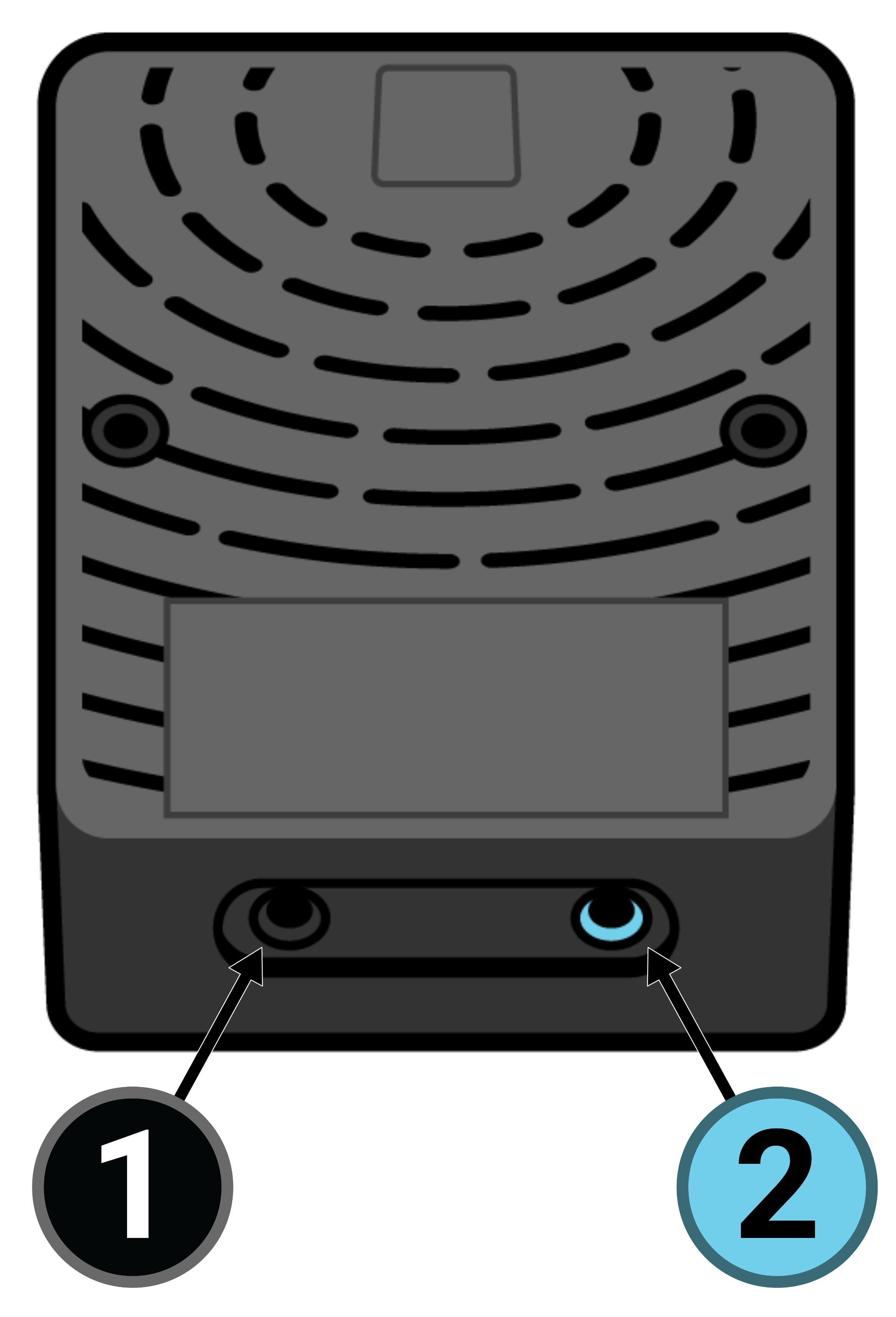 Eine Draufsicht auf einen schwarzen Sleeptracker-AI-Prozessor, dessen USB-Kabel nach oben zeigt und dessen runde Lüftungsschlitze dem Betrachter zugewandt sind. Links befindet sich ein kleiner schwarzer runder Anschluss mit der Aufschrift